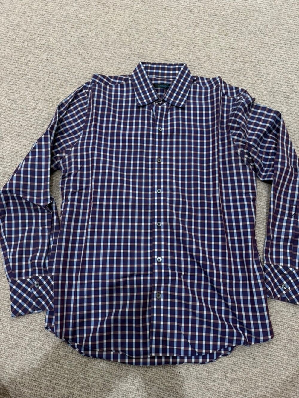 Zachary Prell Men's Dress Shirt Medium Blue Burgundy Plaid Check 100% Cotton